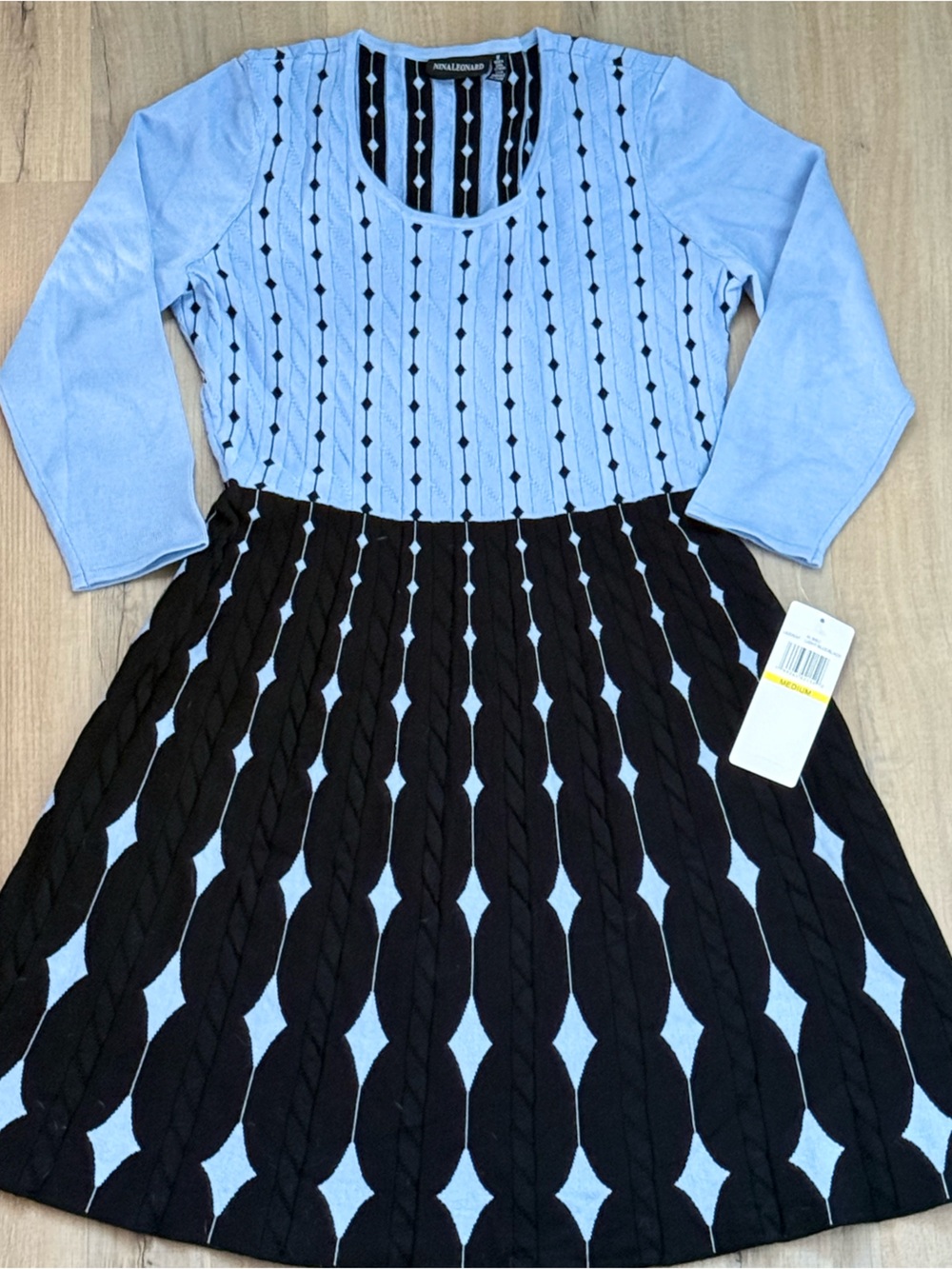 Nina Leonard Blue Black Diamond Jacquard Soft Knit Sweater Women’s Dress